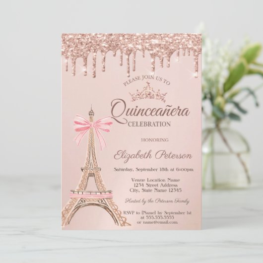 Eiffel Tower,Bow Rose Gold Drips Quinceañera  招待状 (スタンド正面)