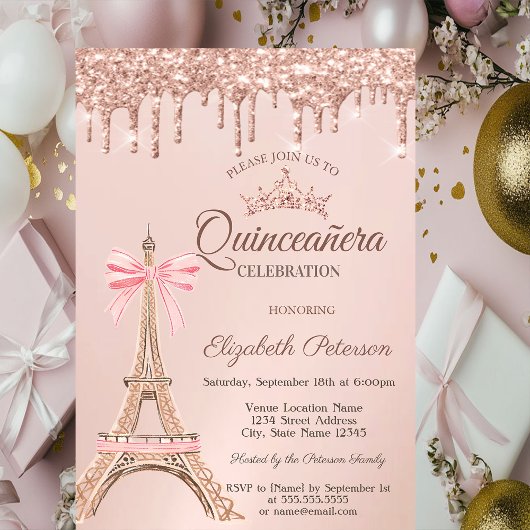 Eiffel Tower,Bow Rose Gold Drips Quinceañera 招待状