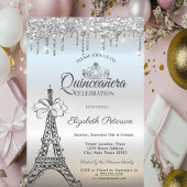 Eiffel Tower,Bow,Tiara,Drips Silver Quinceañera 招待状