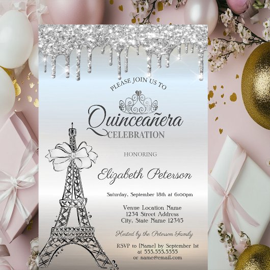 Eiffel Tower,Bow,Tiara,Drips Silver Quinceañera 招待状
