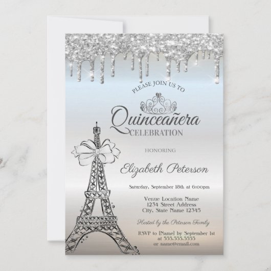 Eiffel Tower,Bow,Tiara,Drips Silver Quinceañera 招待状 (正面)