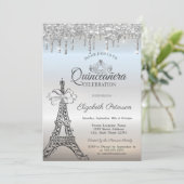 Eiffel Tower,Bow,Tiara,Drips Silver Quinceañera 招待状 (スタンド正面)