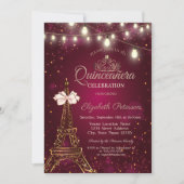  Eiffel Tower,Bow,Tiara Lights Red Quinceañera  招待状 (正面)