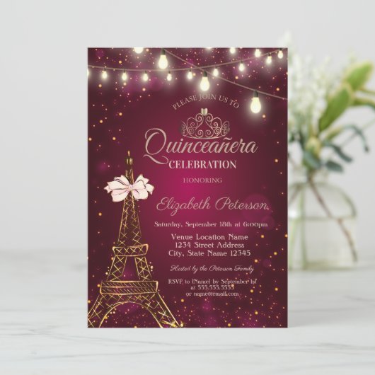  Eiffel Tower,Bow,Tiara Lights Red Quinceañera  招待状 (スタンド正面)