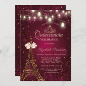  Eiffel Tower,Bow,Tiara Lights Red Quinceañera  招待状 (正面/裏面)