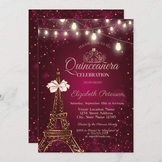 Eiffel Tower,Bow,Tiara Lights Red Quinceañera 招待状 (正面/裏面)
