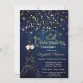Eiffel Tower,Bow Tiara,Stars Navy Blue Quinceañera 招待状 (正面)