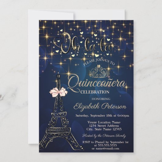 Eiffel Tower,Bow Tiara,Stars Navy Blue Quinceañera 招待状 (正面)