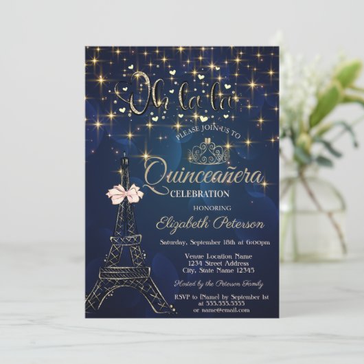 Eiffel Tower,Bow Tiara,Stars Navy Blue Quinceañera 招待状 (スタンド正面)