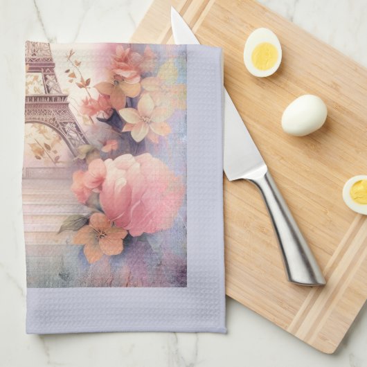 Eiffel Tower Butterflies and Flowers キッチンタオル (四つ折り)