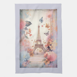 Eiffel Tower Butterflies and Flowers キッチンタオル
