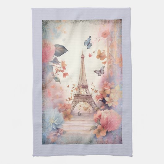 Eiffel Tower Butterflies and Flowers キッチンタオル (縦)