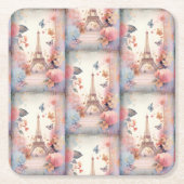 Eiffel Tower Butterflies and Flowers スクエアペーパーコースター (正面)