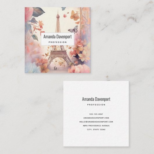 Eiffel Tower Butterflies and Flowers スクエア名刺 (正面/裏面)
