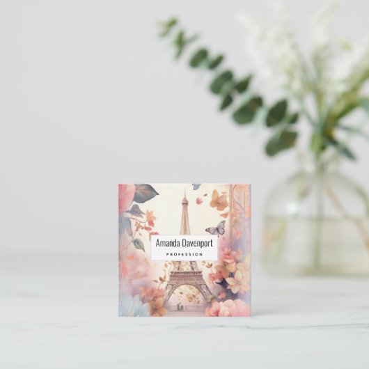 Eiffel Tower Butterflies and Flowers スクエア名刺 (スタンド正面)