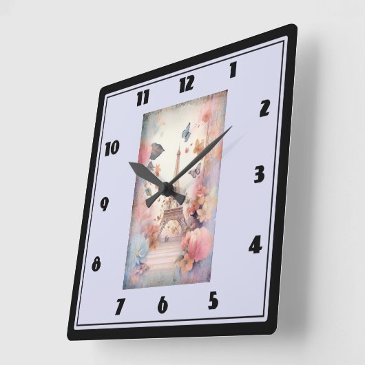 Eiffel Tower Butterflies and Flowers スクエア壁時計 (傾斜)