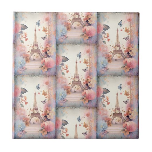 Eiffel Tower Butterflies and Flowers タイル (正面)