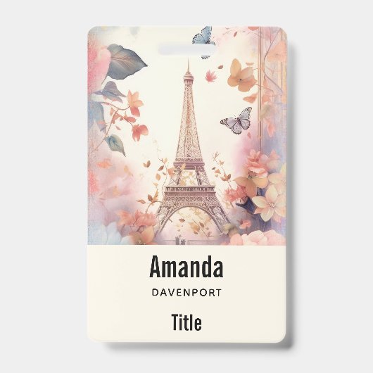 Eiffel Tower Butterflies and Flowers バッジ (正面)