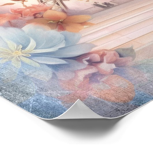 Eiffel Tower Butterflies and Flowers ポスター (角)