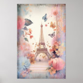 Eiffel Tower Butterflies and Flowers ポスター (正面)