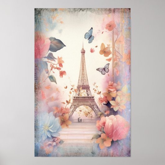 Eiffel Tower Butterflies and Flowers ポスター (正面)