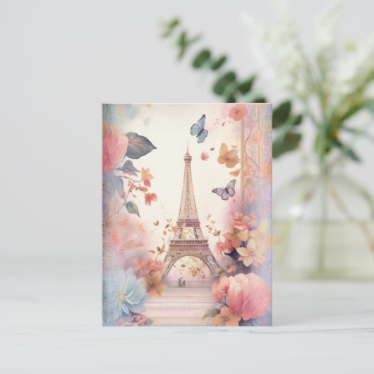 Eiffel Tower Butterflies and Flowers ポストカード (スタンド正面)