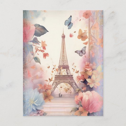 Eiffel Tower Butterflies and Flowers ポストカード (正面)