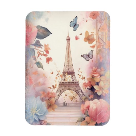 Eiffel Tower Butterflies and Flowers マグネット (縦)