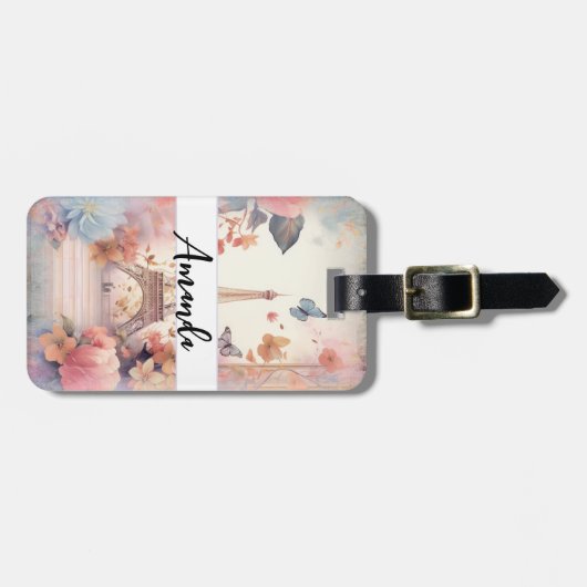 Eiffel Tower Butterflies and Flowers ラゲッジタグ (正面横)