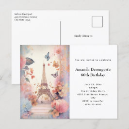 Eiffel Tower Butterflies and Flowers Birthday インビテーションポストカード