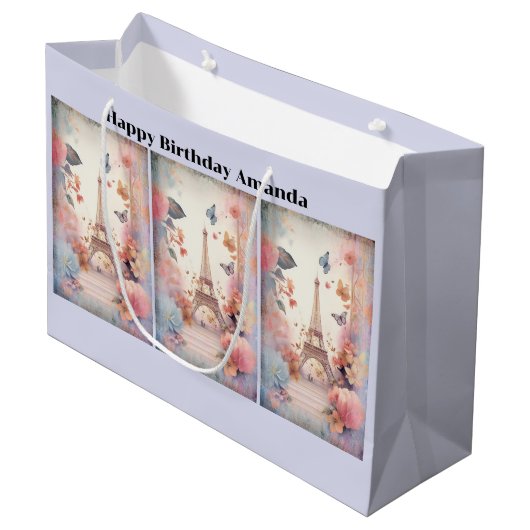 Eiffel Tower Butterflies and Flowers Birthday ラージペーパーバッグ (正面アングル)