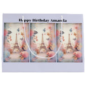 Eiffel Tower Butterflies and Flowers Birthday ラージペーパーバッグ (裏面)