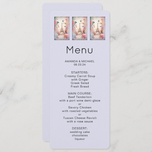  Eiffel Tower Butterflies and Flowers Menu 招待状 (正面/裏面)