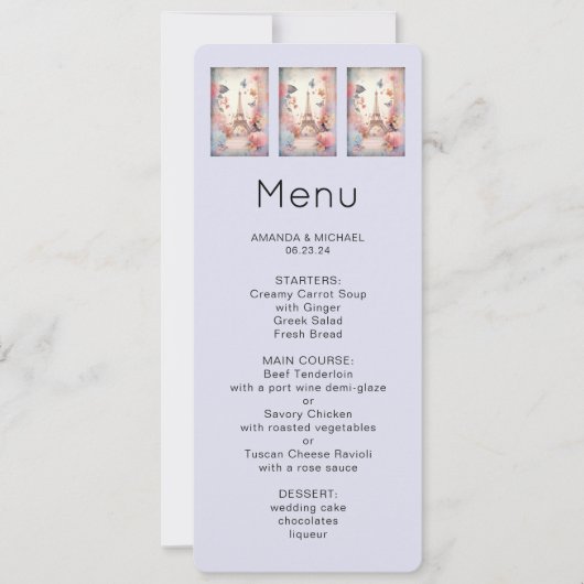  Eiffel Tower Butterflies and Flowers Menu 招待状 (正面)