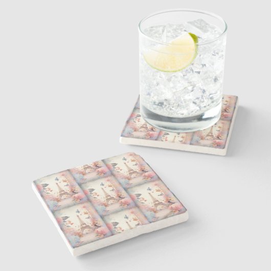 Eiffel Tower Butterflies and Flowers Pattern ストーンコースター (横)