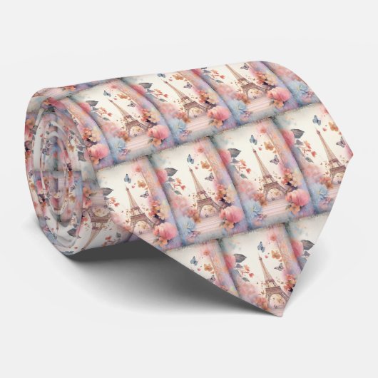 Eiffel Tower Butterflies and Flowers Pattern ネクタイ (ロール)