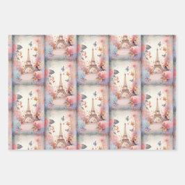 Eiffel Tower Butterflies and Flowers Pattern ラッピングペーパーシート
