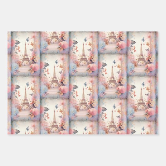 Eiffel Tower Butterflies and Flowers Pattern ラッピングペーパーシート (正面3)