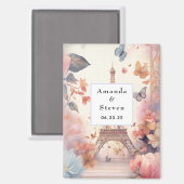 Eiffel Tower Butterflies and Flowers Save the Date マグネット (正面/裏面)