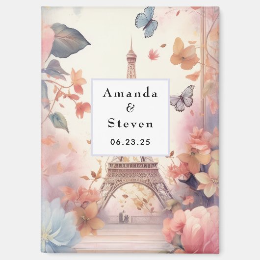 Eiffel Tower Butterflies and Flowers Save the Date マグネット (正面)