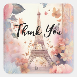 Eiffel Tower Butterflies and Flowers Thank You スクエアシール
