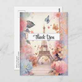 Eiffel Tower Butterflies and Flowers Thank You ポストカード