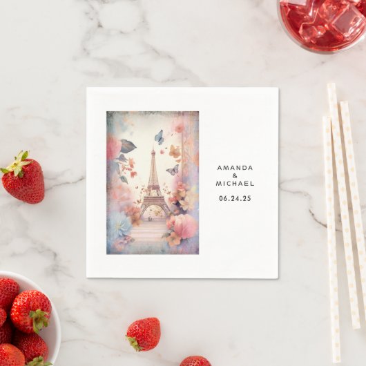 Eiffel Tower Butterflies and Flowers Wedding スタンダードカクテルナプキン (インサイチュ)