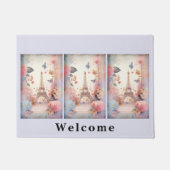 Eiffel Tower Butterflies and Flowers Welcome ドアマット (正面)