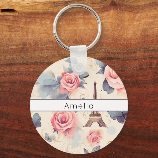 Eiffel Tower Butterfly and Roses Pattern キーホルダー (正面)