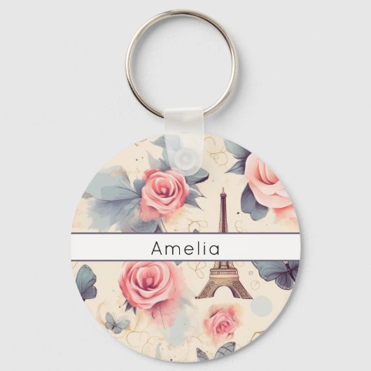 Eiffel Tower Butterfly and Roses Pattern キーホルダー (裏面)