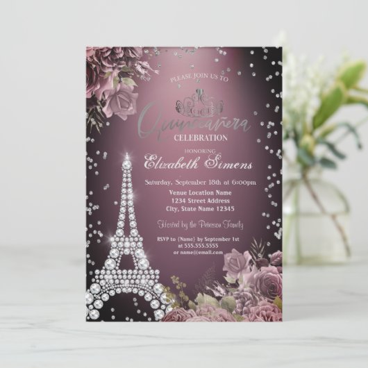 Eiffel Tower Diamonds Dark Roses Burgundy 招待状 (スタンド正面)