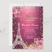 Eiffel Tower Diamonds Roses Red Quinceanera 招待状 (正面)