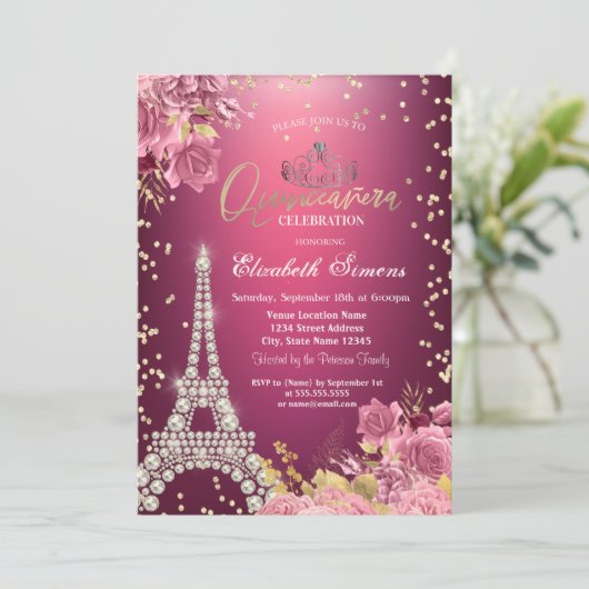 Eiffel Tower Diamonds Roses Red Quinceanera 招待状 (スタンド正面)