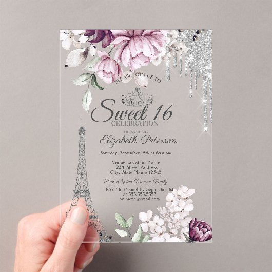 Eiffel Tower,Drips,Lilac Flowers Sweet 16 アクリル招待状 (インサイチュ (ポータブル))